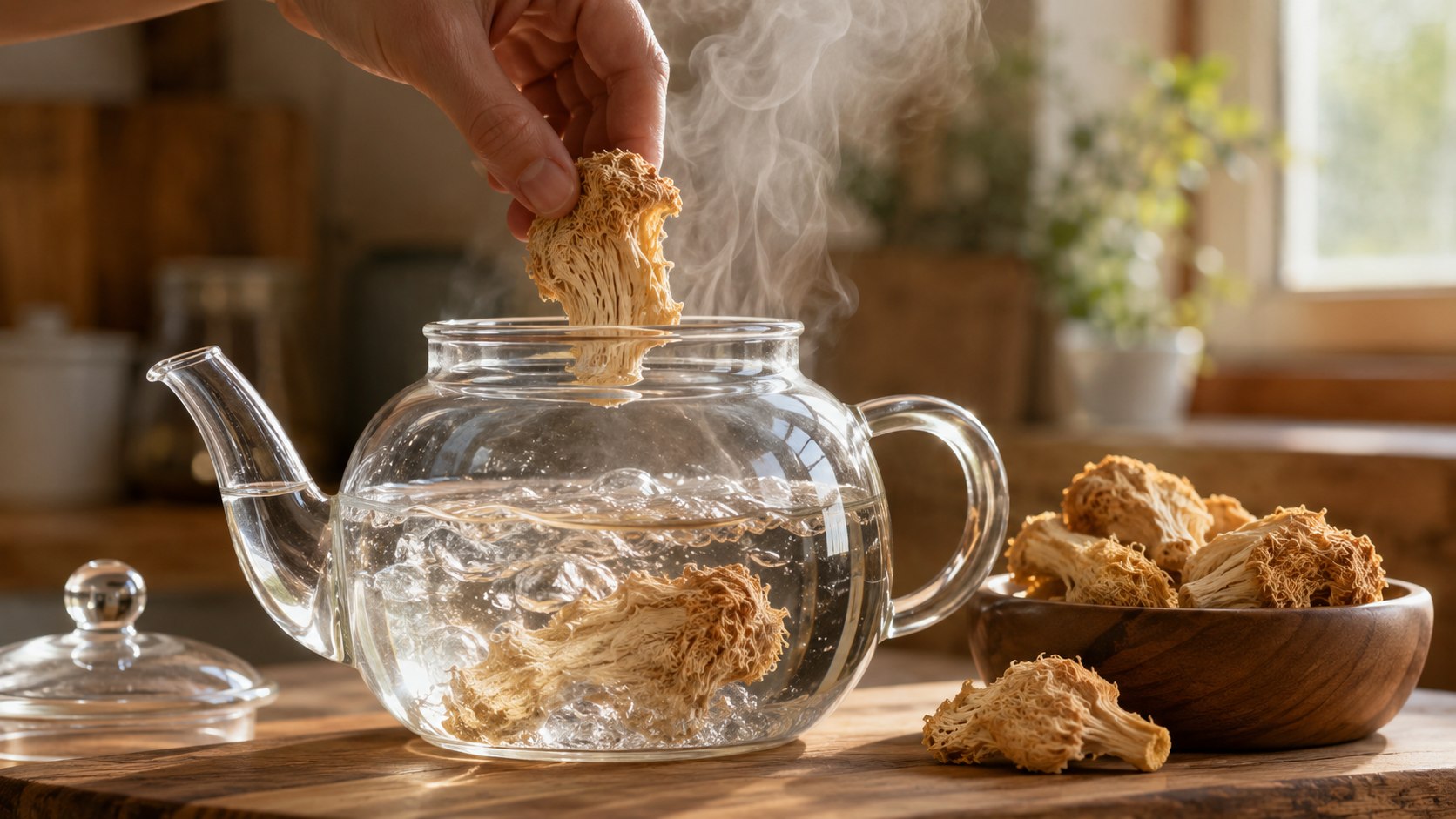 Preparando infusión con el hongo entero deshidratado